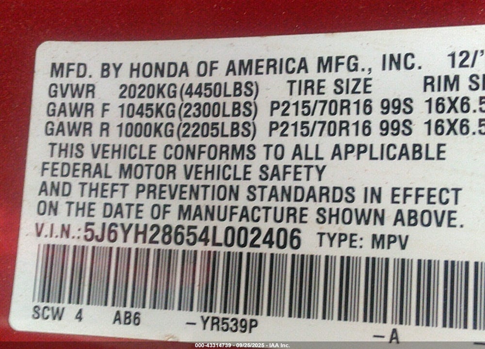 2004 HONDA ELEMENT EX VIN: 5J6YH28654L002406