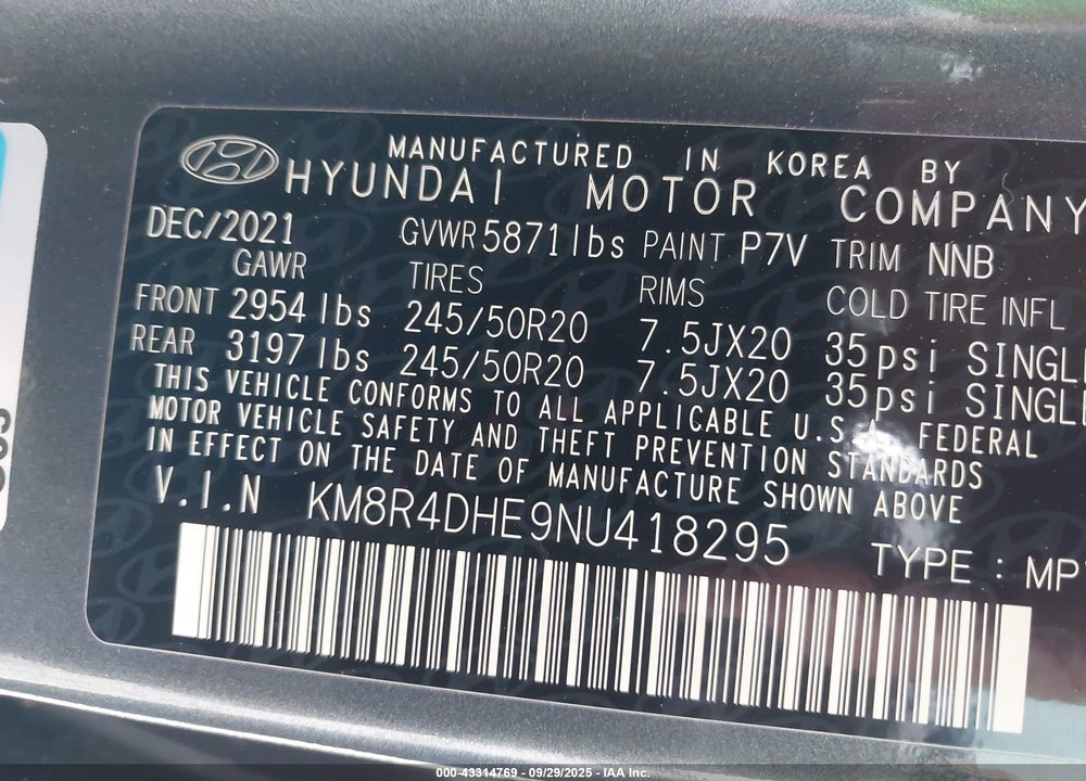 2022 HYUNDAI PALISADE SEL VIN: KM8R4DHE9NU418295