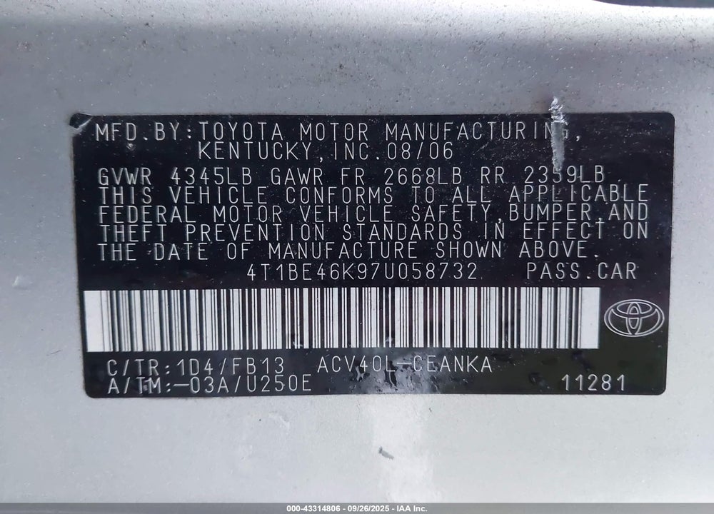 2007 TOYOTA CAMRY LE VIN: 4T1BE46K97U058732