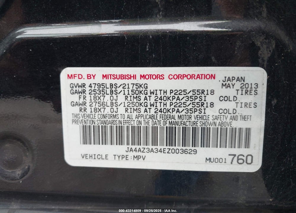 2014 MITSUBISHI OUTLANDER VIN: JA4AZ3A34EZ003629