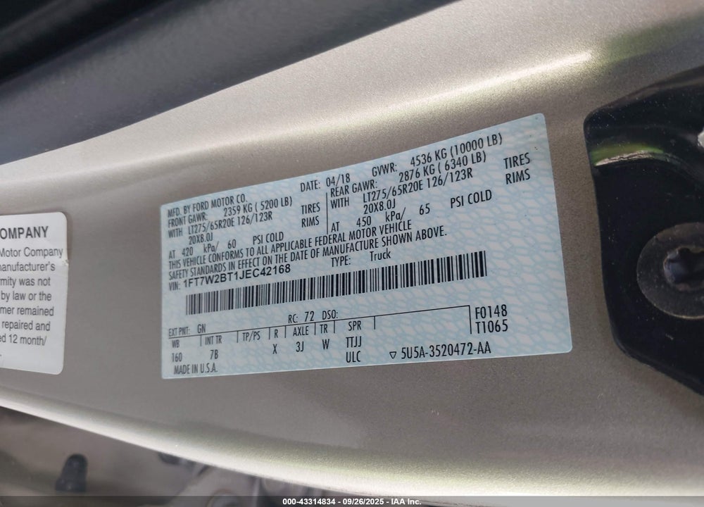 2018 FORD F-250 PLATINUM VIN: 1FT7W2BT1JEC42168