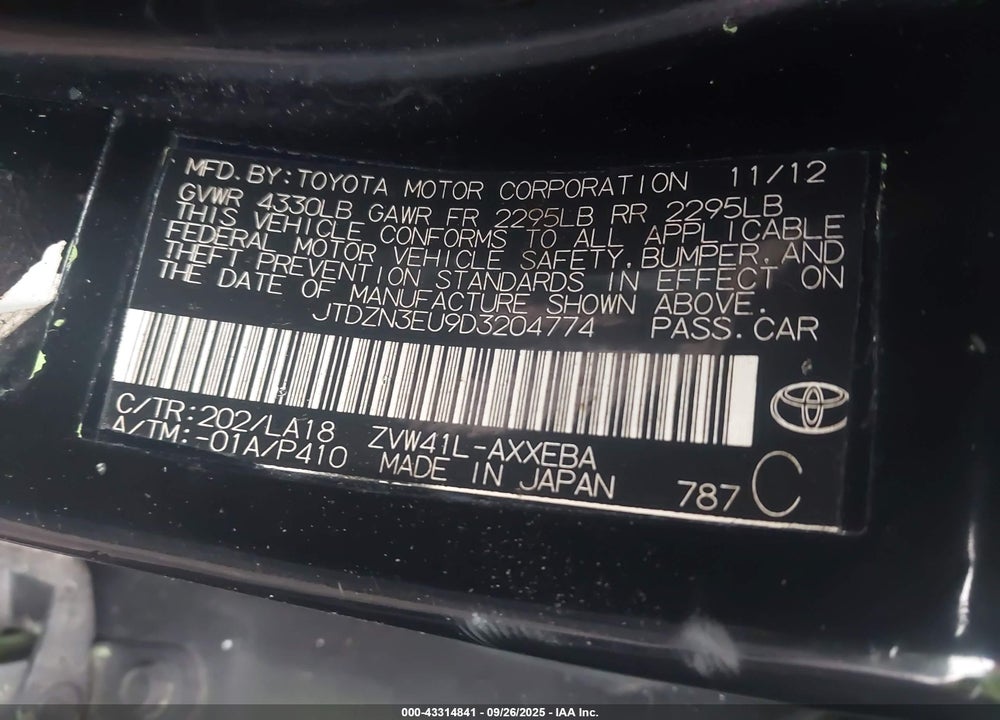2013 TOYOTA PRIUS V VIN: JTDZN3EU9D3204774