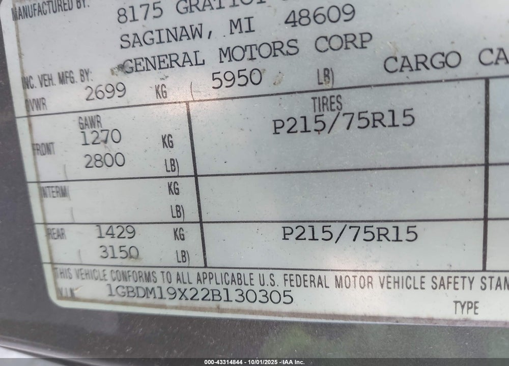 2002 CHEVROLET ASTRO VIN: 1GBDM19X22B130305