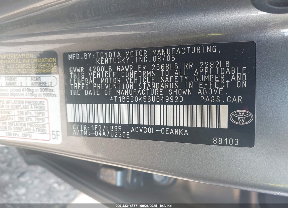 2006 TOYOTA CAMRY LE VIN: 4T1BE30K56U649920