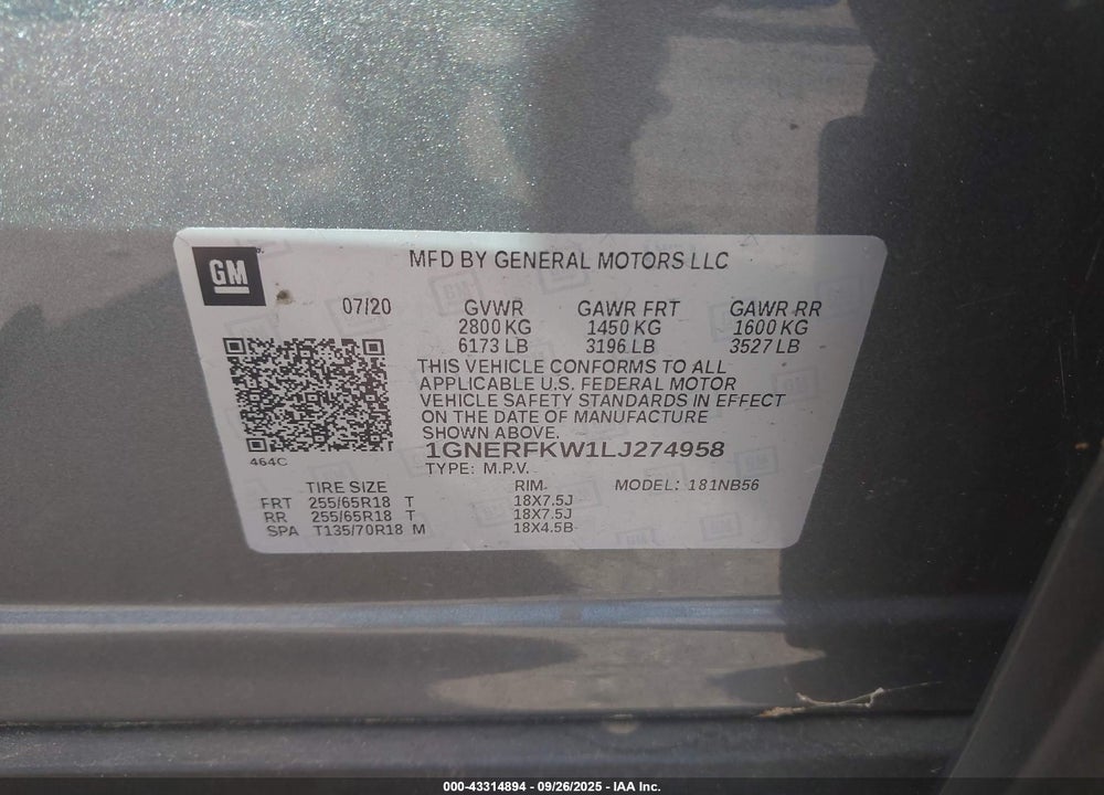2020 CHEVROLET TRAVERSE VIN: 1GNERFKW1LJ274958