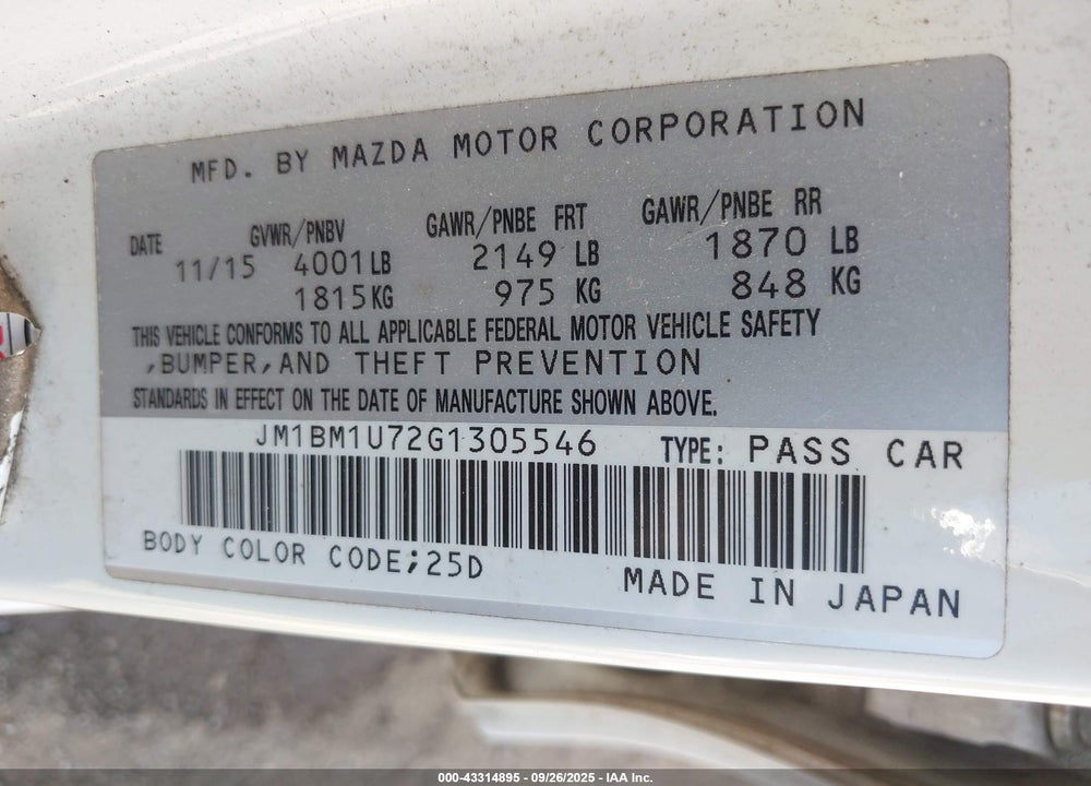 2016 MAZDA 3 VIN: JM1BM1U72G1305546
