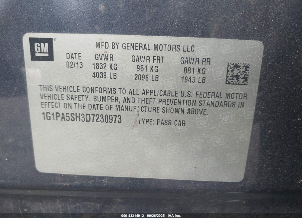 2013 CHEVROLET CRUZE LS AUTO VIN: 1G1PA5SH3D7230973
