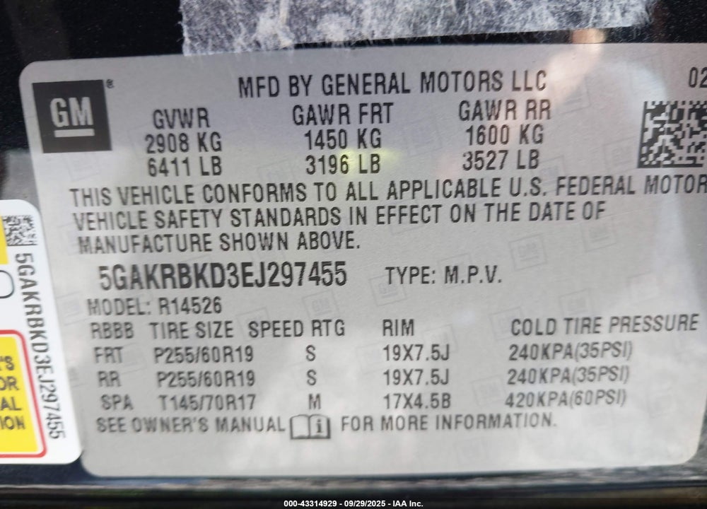 2014 BUICK ENCLAVE LEATHER VIN: 5GAKRBKD3EJ297455