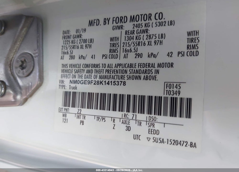 2019 FORD TRANSIT CONNECT VIN: NM0GE9F28K1415378