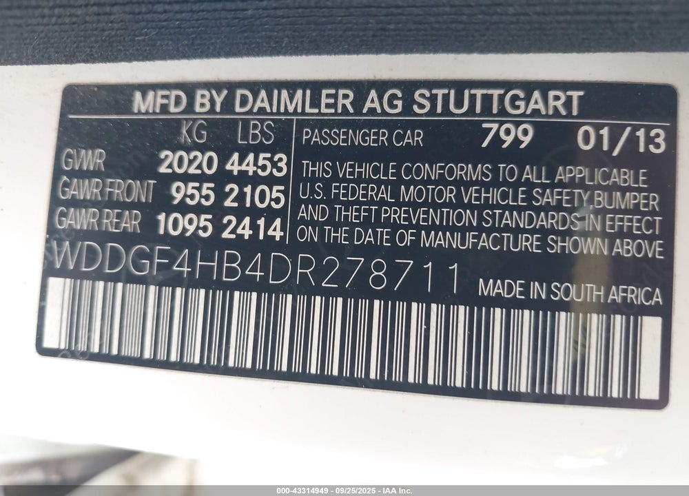 2013 MERCEDES-BENZ C CLASS VIN: WDDGF4HB4DR278711