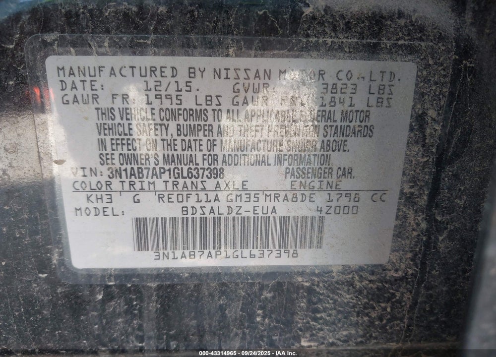2016 NISSAN SENTRA SV VIN: 3N1AB7AP1GL637398