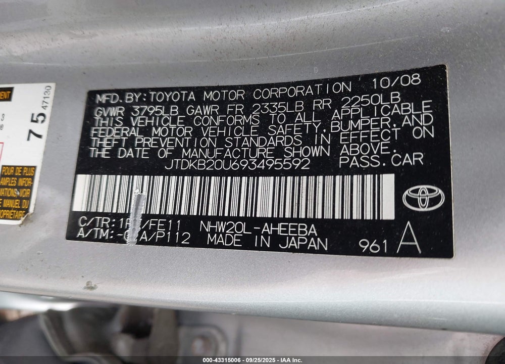 2009 TOYOTA PRIUS VIN: JTDKB20U693495592