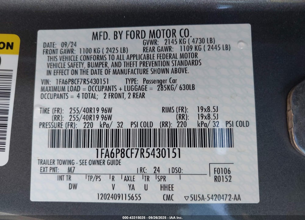 2024 FORD MUSTANG VIN: 1FA6P8CF7R5430151