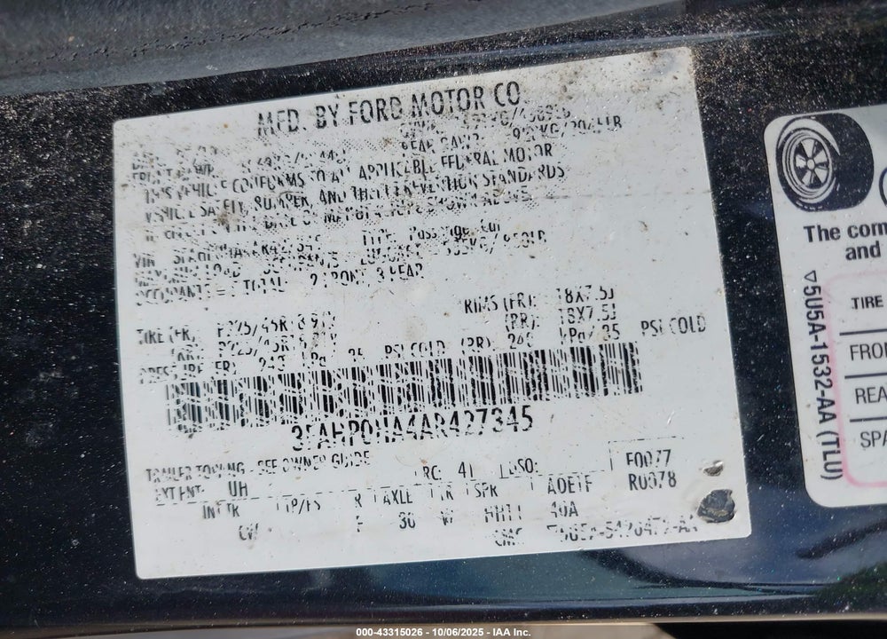 2010 FORD FUSION VIN: 3FAHP0HA4AR427345