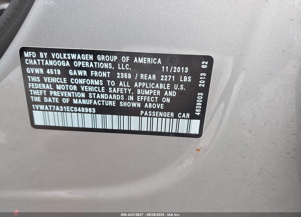 2014 VOLKSWAGEN PASSAT 1.8T WOLFSBURG EDITION VIN: 1VWAT7A31EC048963