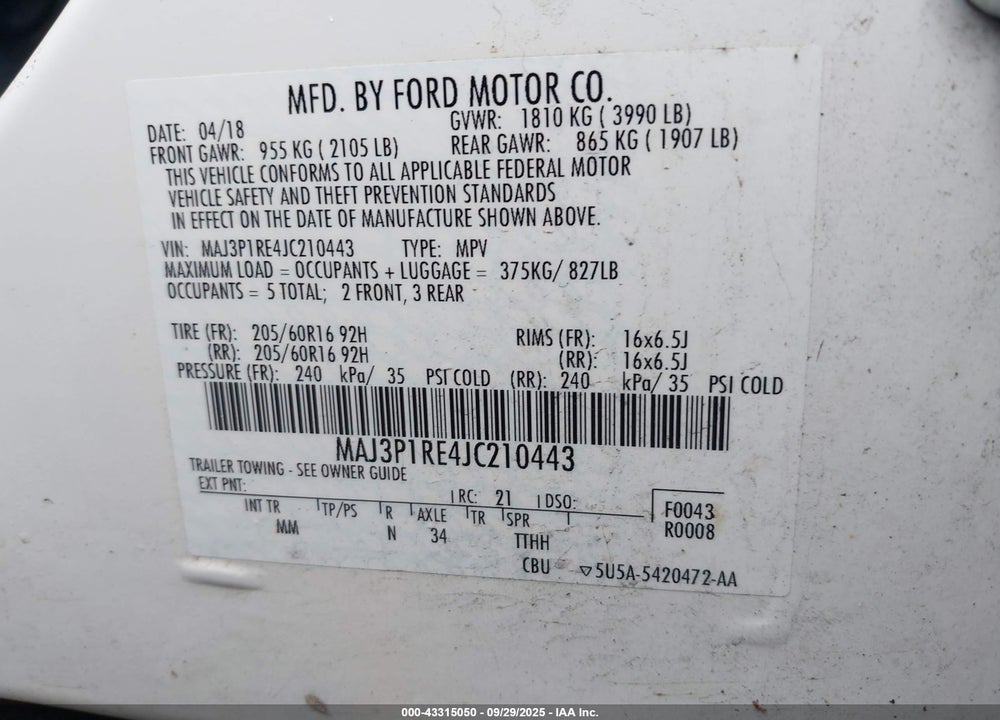 2018 FORD ECOSPORT S VIN: MAJ3P1RE4JC210443