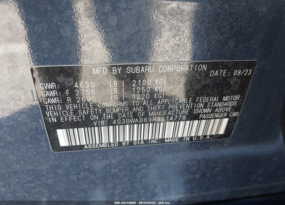 2024 SUBARU LEGACY VIN: 4S3BWAB69R3014778
