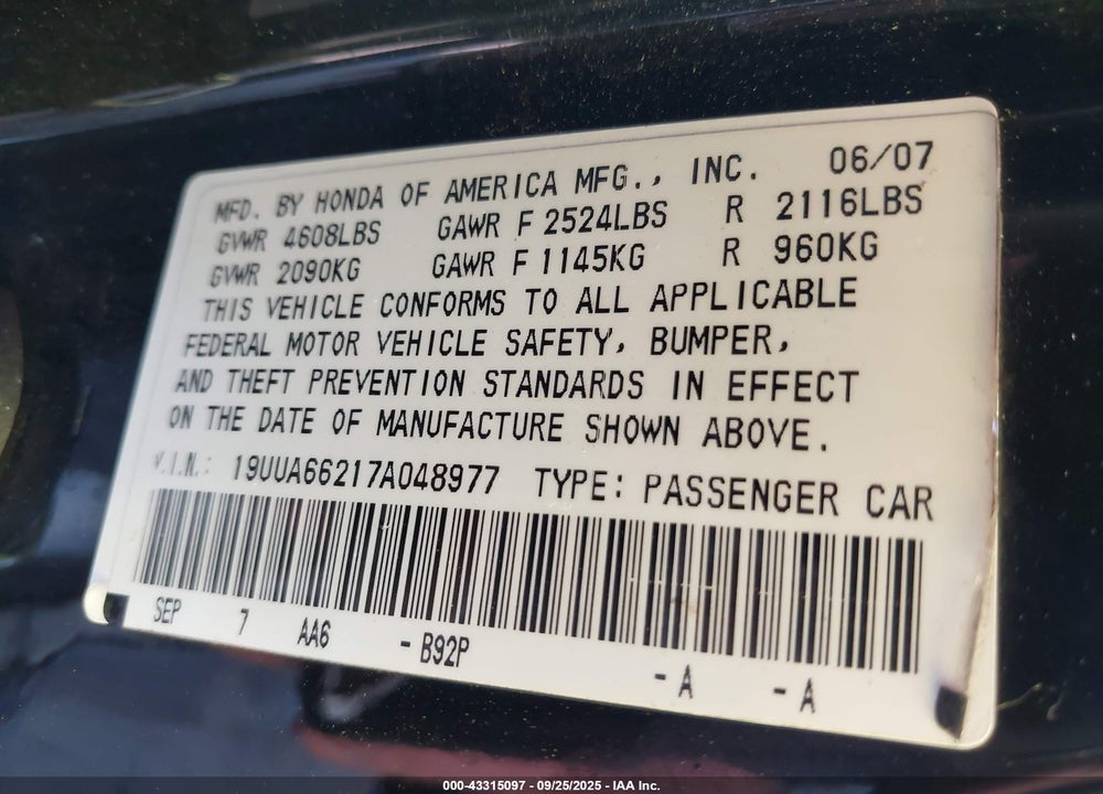 2007 ACURA TL 3.2 VIN: 19UUA66217A048977
