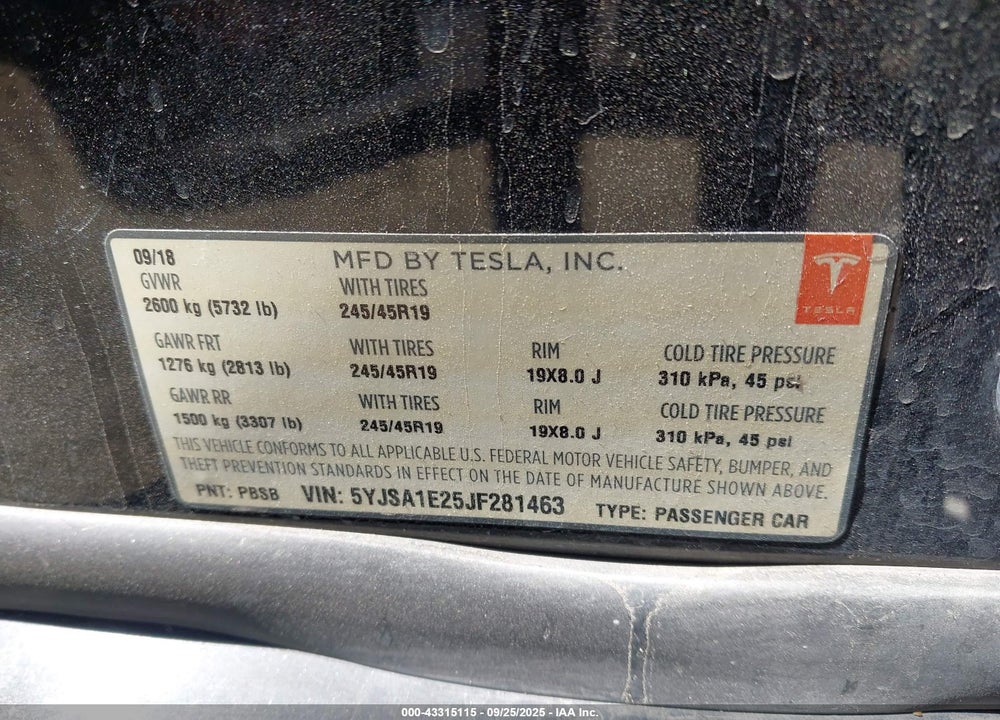 2018 TESLA MODEL S VIN: 5YJSA1E25JF281463