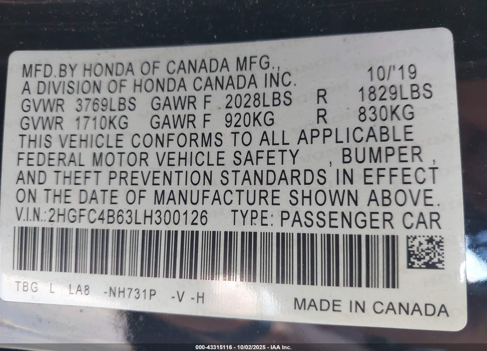 2020 HONDA CIVIC VIN: 2HGFC4B63LH300126
