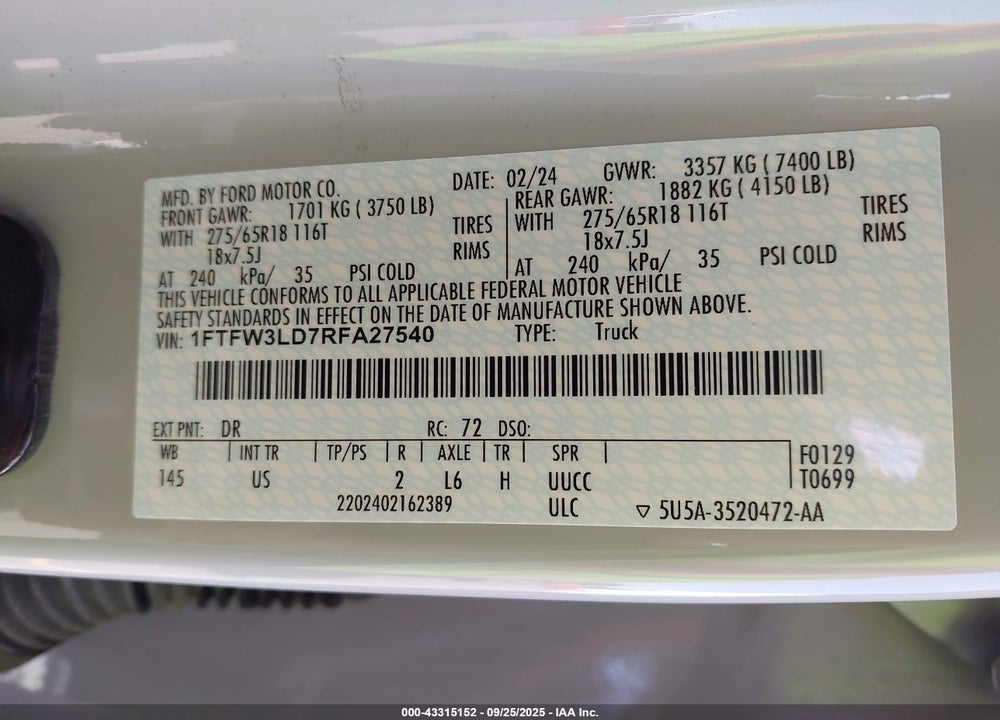 2024 FORD F-150 VIN: 1FTFW3LD7RFA27540