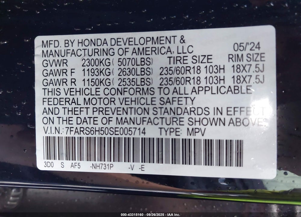 2025 HONDA CR-V VIN: 7FARS6H50SE005714