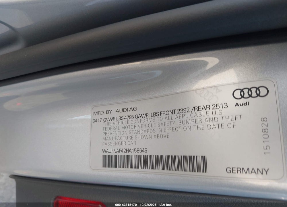 2017 AUDI A4 2.0T PREMIUM VIN: WAUFNAF42HA158645