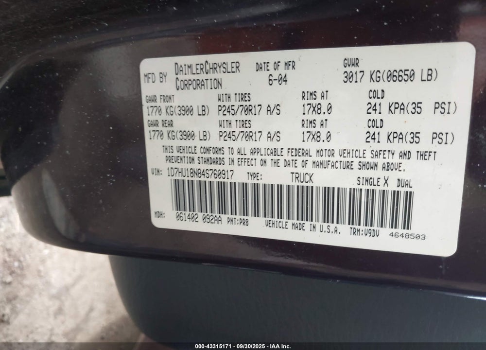 2004 DODGE RAM 1500 SLT/LARAMIE VIN: 1D7HU18N84S760917