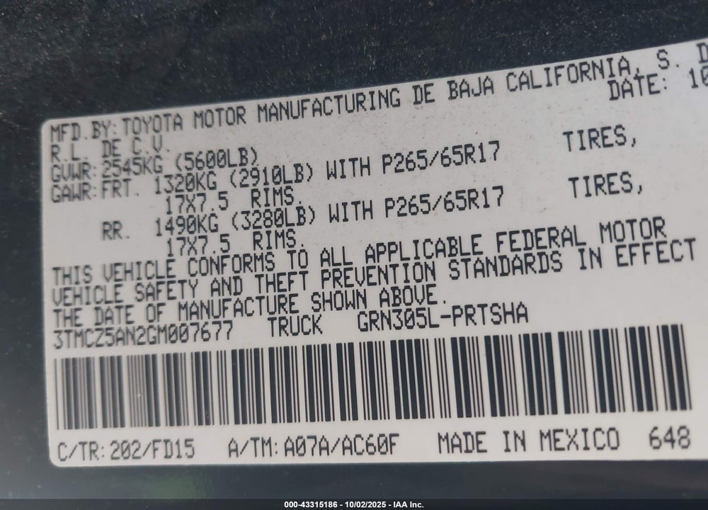 2016 TOYOTA TACOMA TRD SPORT VIN: 3TMCZ5AN2GM007677