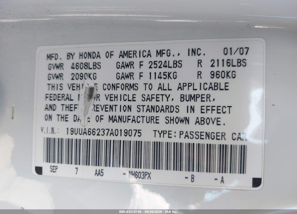 2007 ACURA TL 3.2 VIN: 19UUA66237A019075
