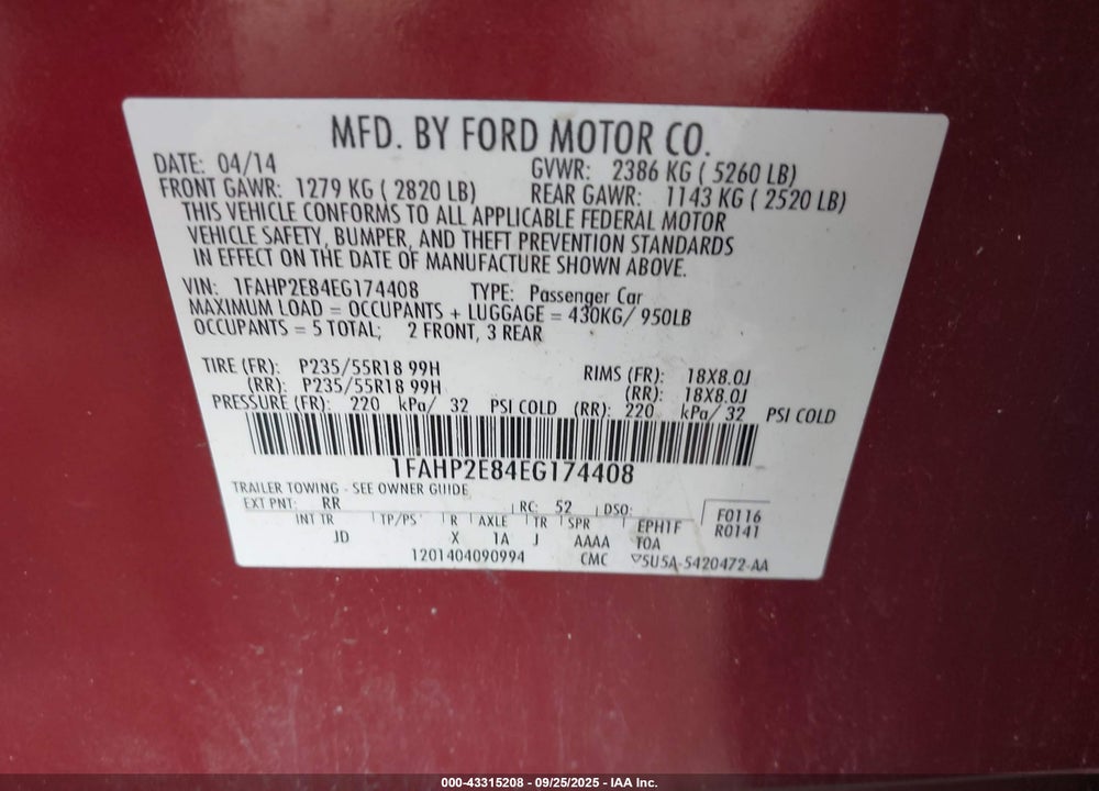 2014 FORD TAURUS VIN: 1FAHP2E84EG174408
