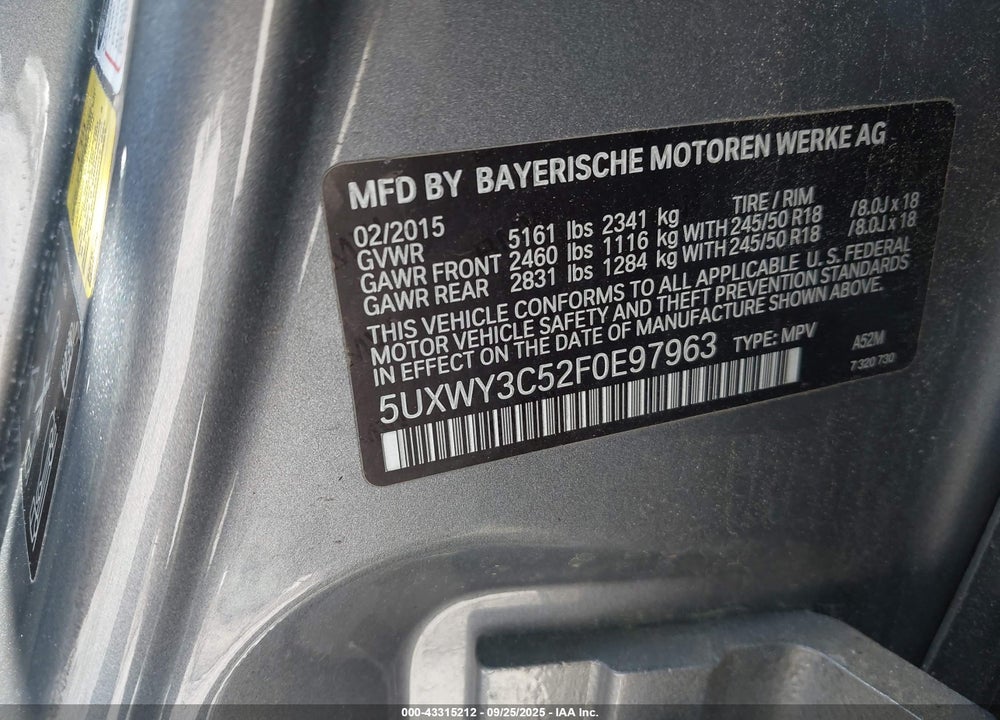2015 BMW X3 VIN: 5UXWY3C52F0E97963