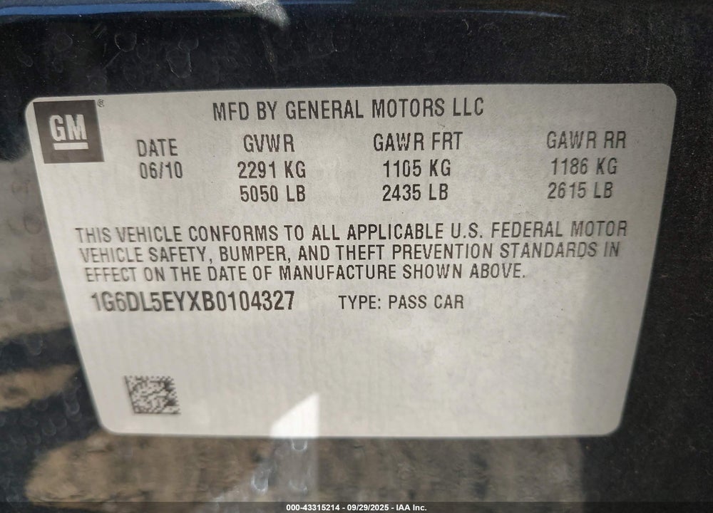 2011 CADILLAC CTS PERFORMANCE VIN: 1G6DL5EYXB0104327