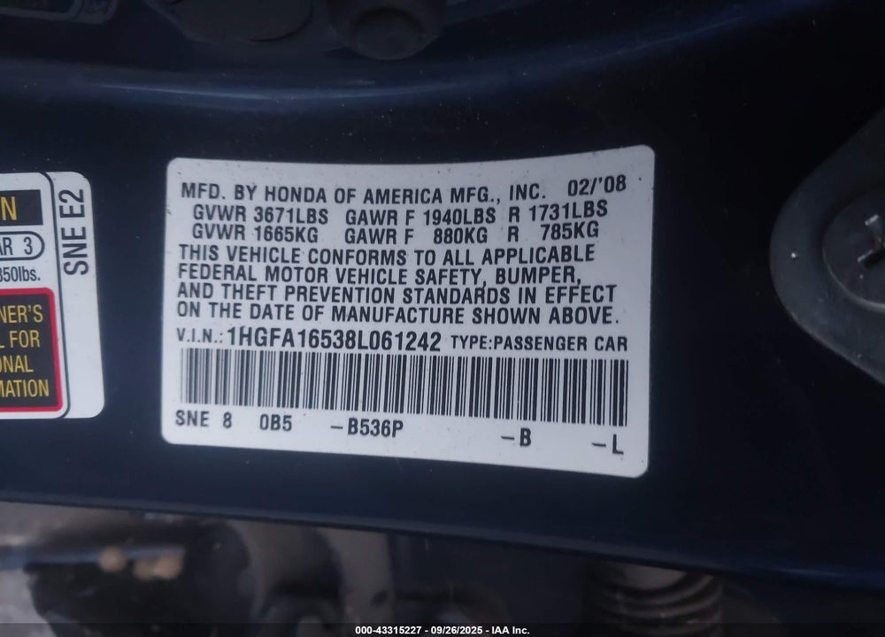 2008 HONDA CIVIC LX VIN: 1HGFA16538L061242