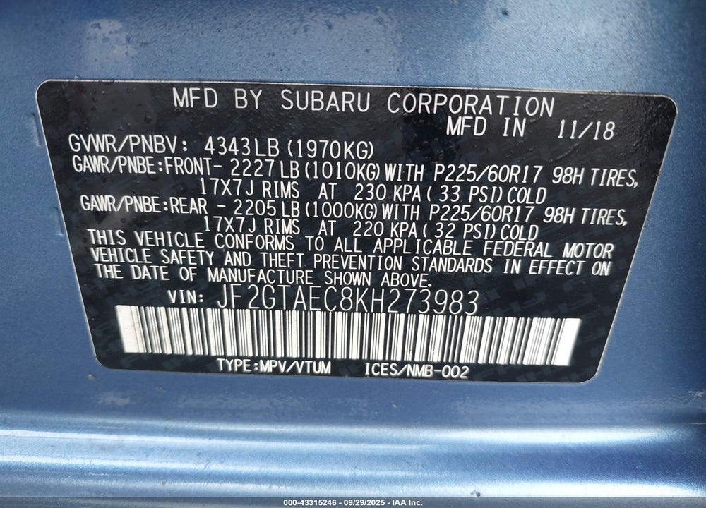 2019 SUBARU CROSSTREK 2.0I PREMIUM VIN: JF2GTAEC8KH273983