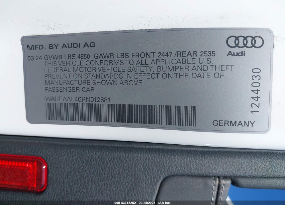 2024 AUDI A4 VIN: WAUEAAF46RN012881