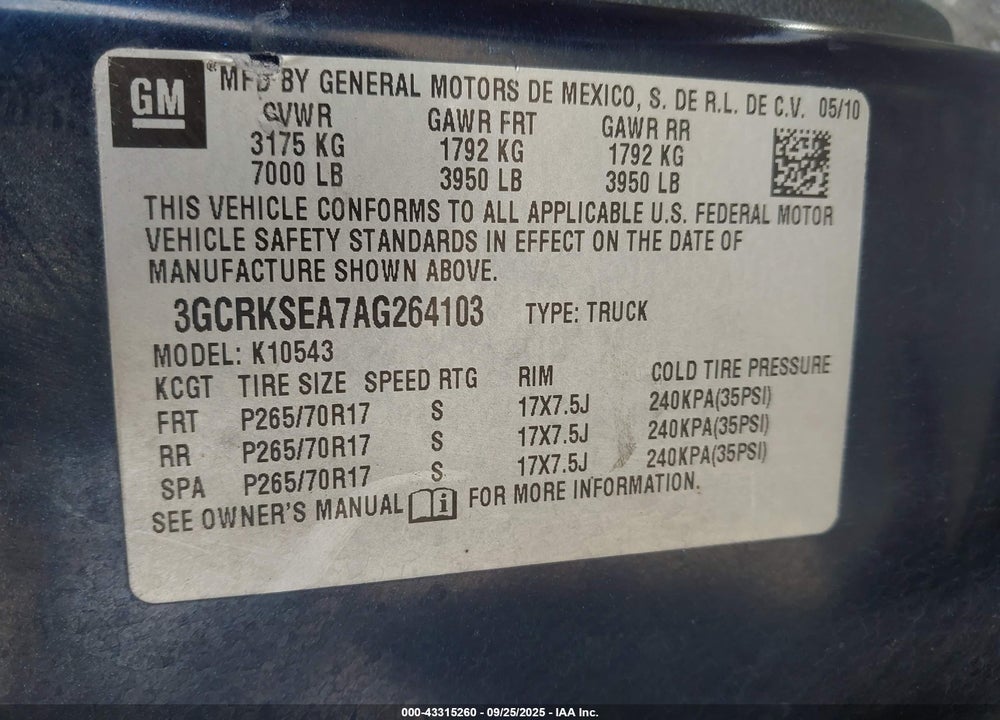 2010 CHEVROLET SILVERADO 1500 VIN: 3GCRKSEA7AG264103