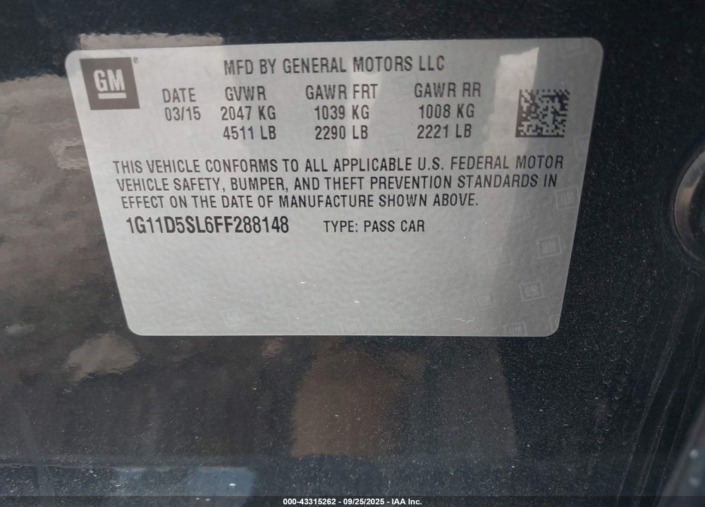 2015 CHEVROLET MALIBU VIN: 1G11D5SL6FF288148