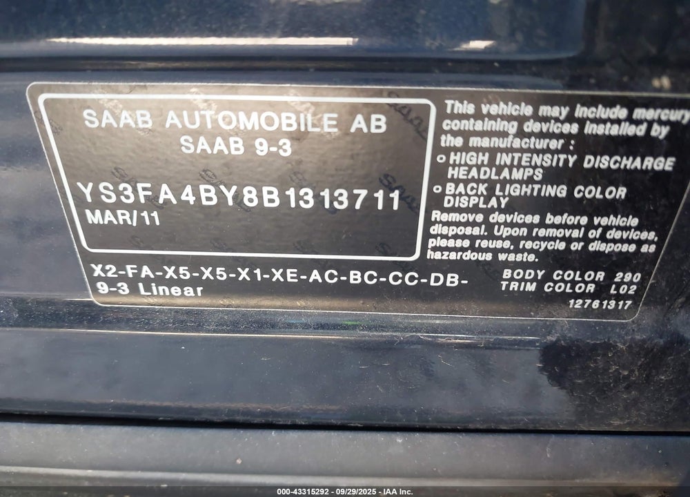 2011 SAAB 9 3 VIN: YS3FA4BY8B1313711