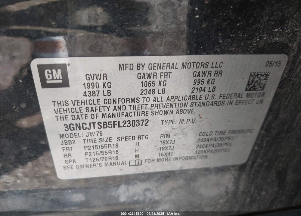 2015 CHEVROLET TRAX VIN: 3GNCJTSB5FL230372