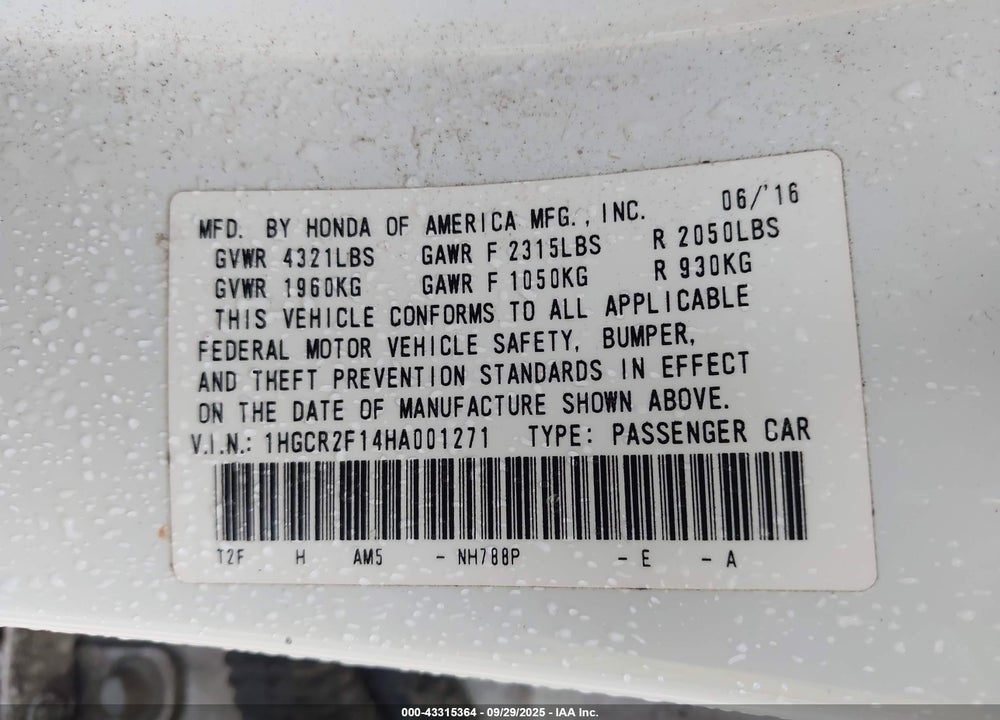 2017 HONDA ACCORD VIN: 1HGCR2F14HA001271