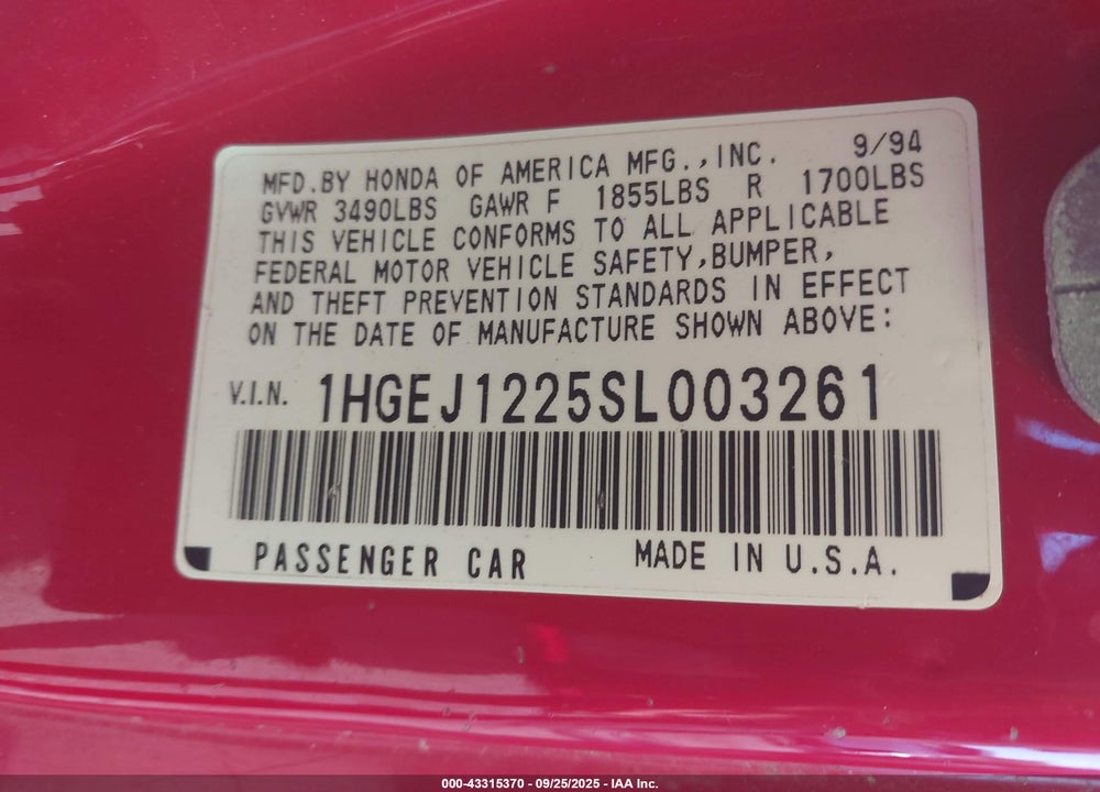 1995 HONDA CIVIC EX VIN: 1HGEJ1225SL003261