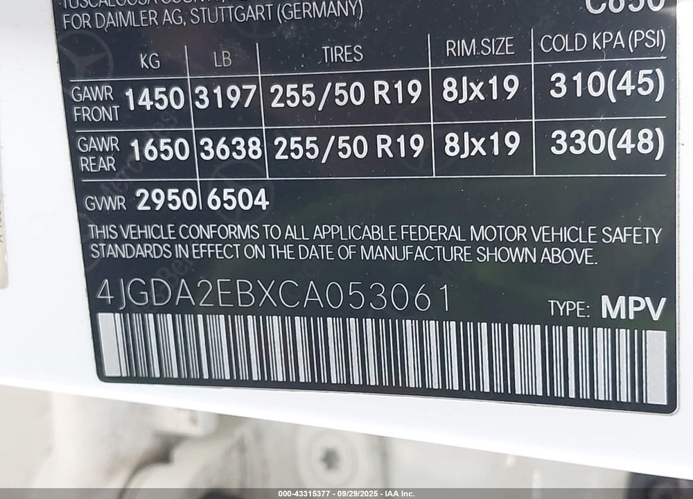 2012 MERCEDES-BENZ ML-CLASS VIN: 4JGDA2EBXCA053061