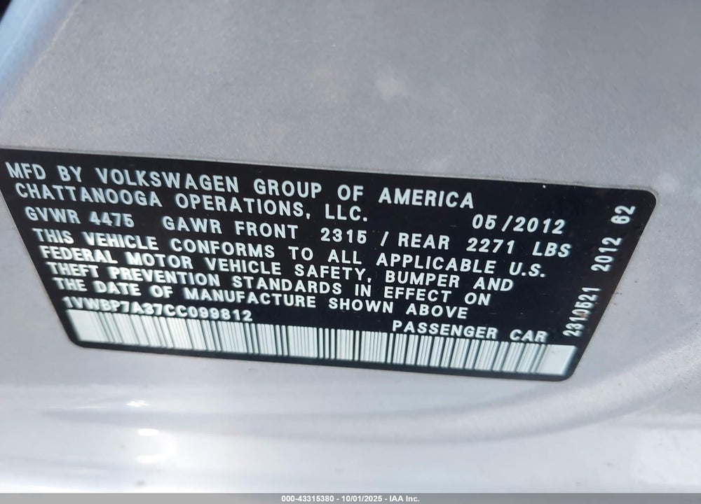 2012 VOLKSWAGEN PASSAT VIN: 1VWBP7A37CC099812