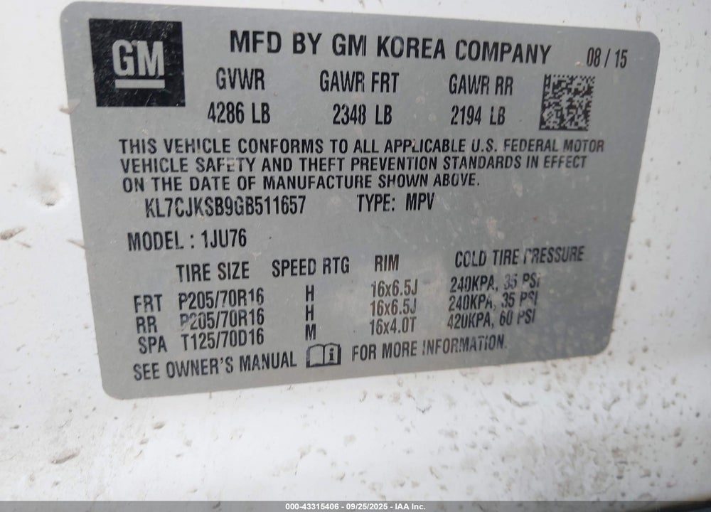 2016 CHEVROLET TRAX 1LS VIN: KL7CJKSB9GB511657