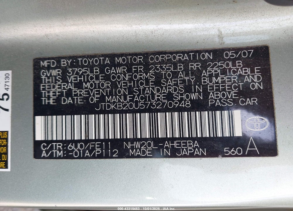 2007 TOYOTA PRIUS VIN: JTDKB20U573270948