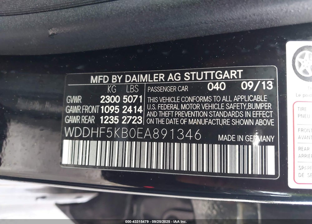 2014 MERCEDES-BENZ E-CLASS VIN: WDDHF5KB0EA891346