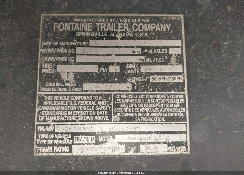 2014 FONTAINE TRAILER CO RENEGADE VIN: 13N348201E3560799