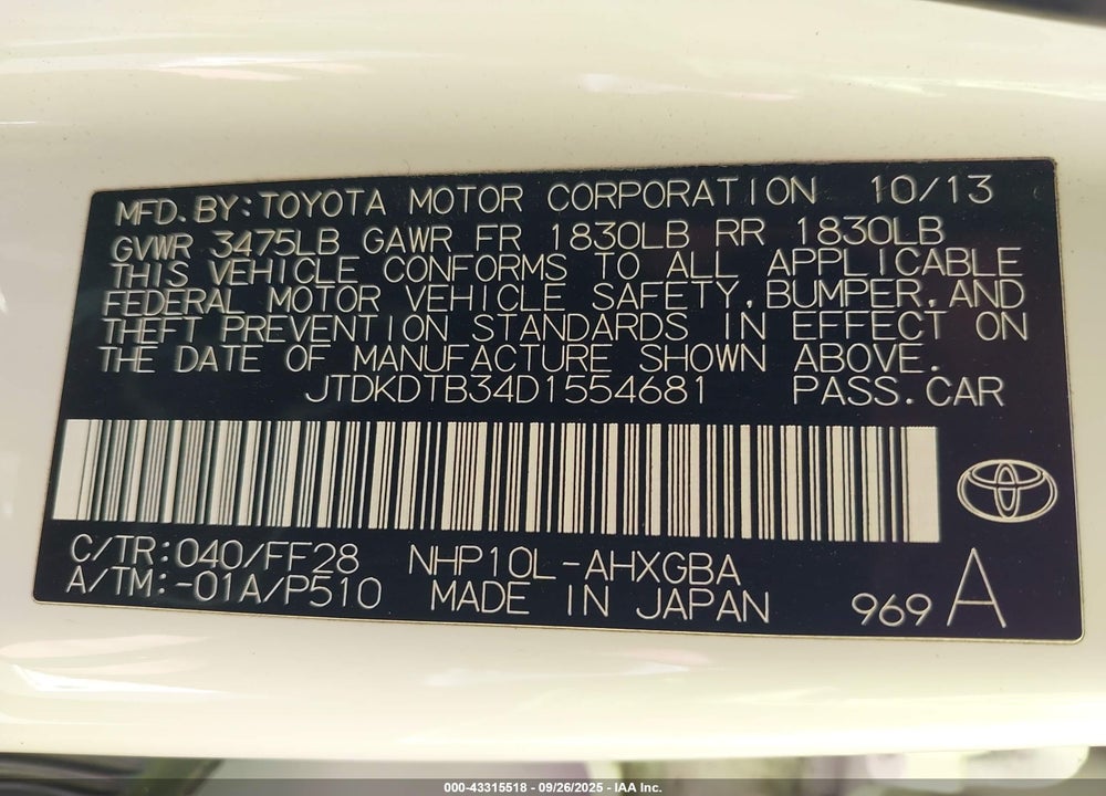 2013 TOYOTA PRIUS C THREE VIN: JTDKDTB34D1554681