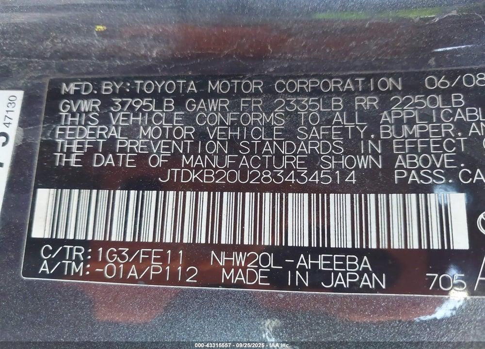 2008 TOYOTA PRIUS VIN: JTDKB20U283434514